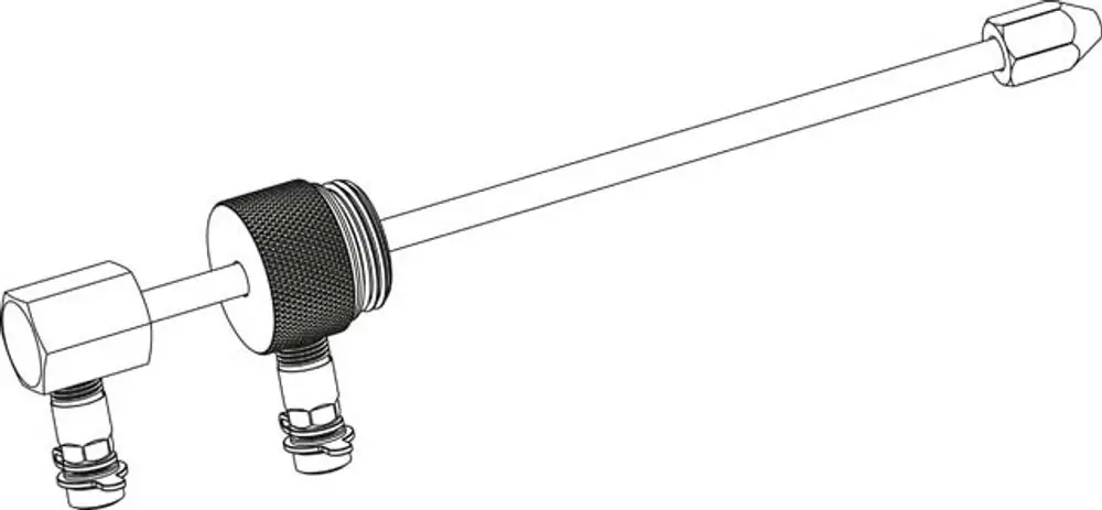 Messspindel mit zwei Anschlussstücken und einem Schlauch, geeignet für die Differenzdruckmessung an Heizungsventilen von IMI Hydronic Engineering.